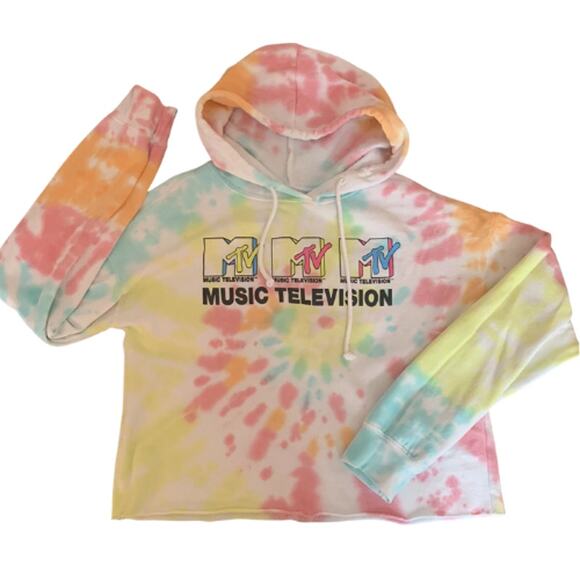MTV Tie Dye Fun Cropped Hoodie Sweatshirt in Multi Color EUC Size Large - Picture 2 of 4